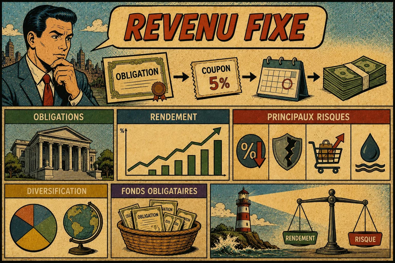 Schéma du revenu fixe reliant obligations, coupons, rendement, diversification et principaux risques