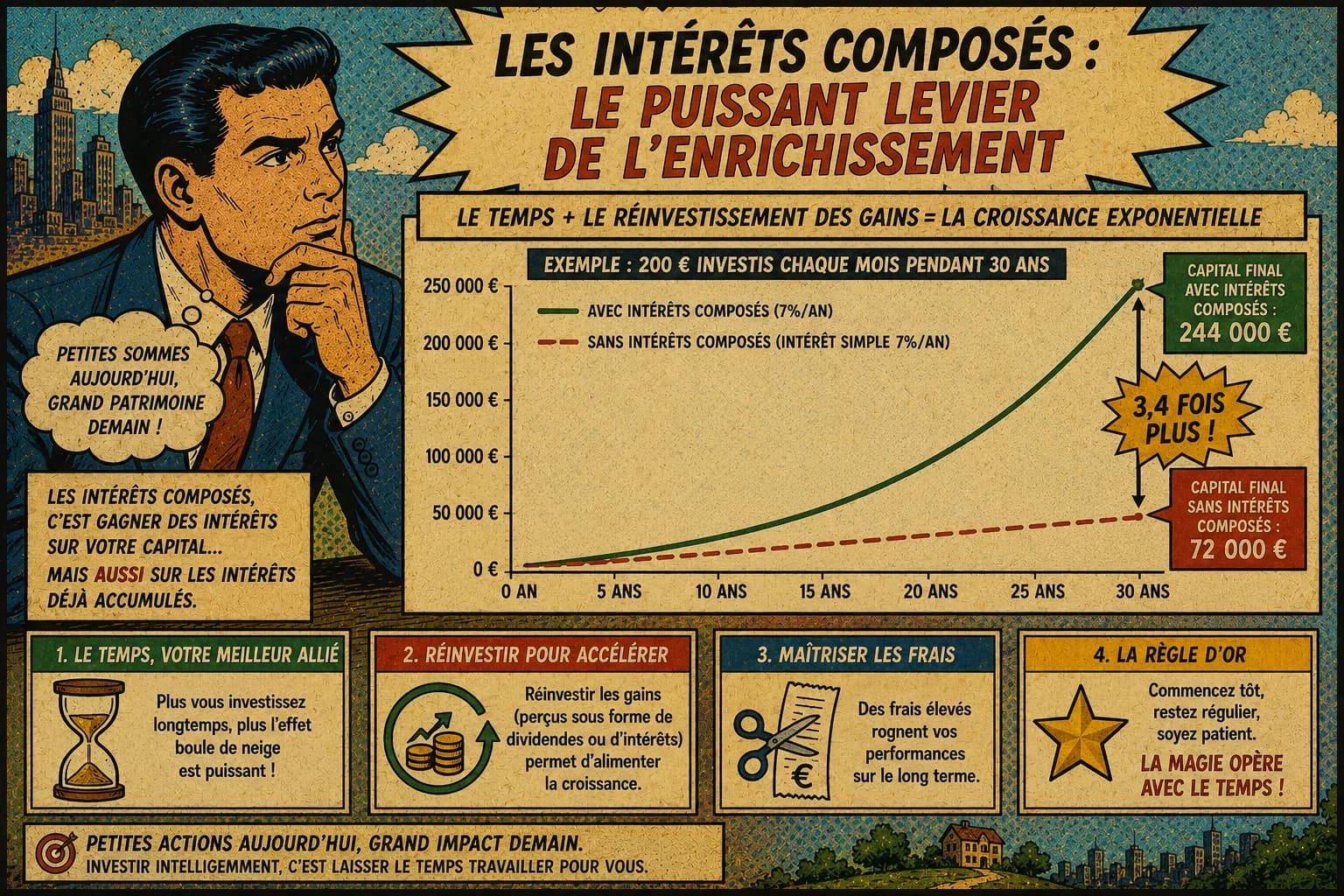 Illustration de la croissance exponentielle d'un capital grâce aux intérêts composés